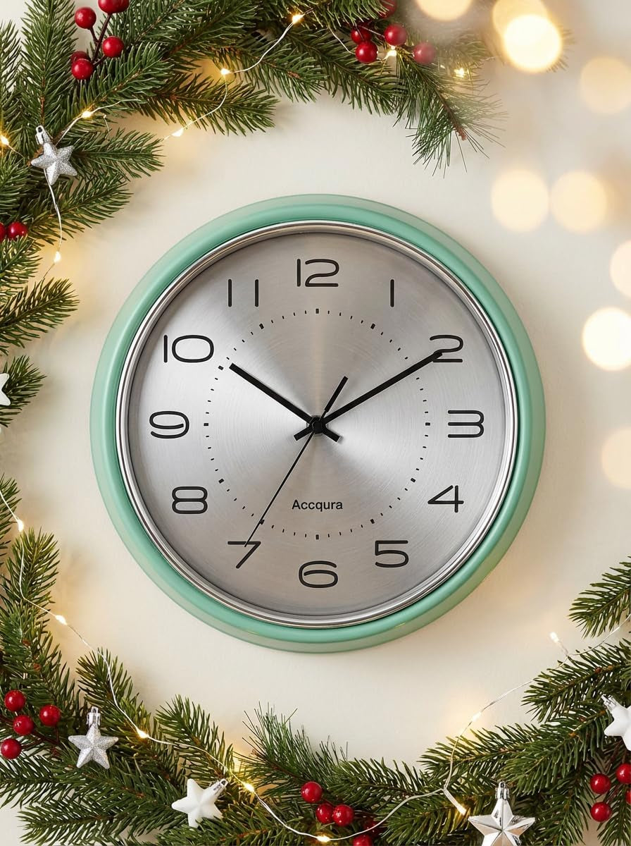12 Inch Vintage Retro Wall Clock, Metal Dial Silent Non-Ticking Domed Glass Battery Operated, Design for Kitchen Living Room, Bedroom,Office (Sage Green)