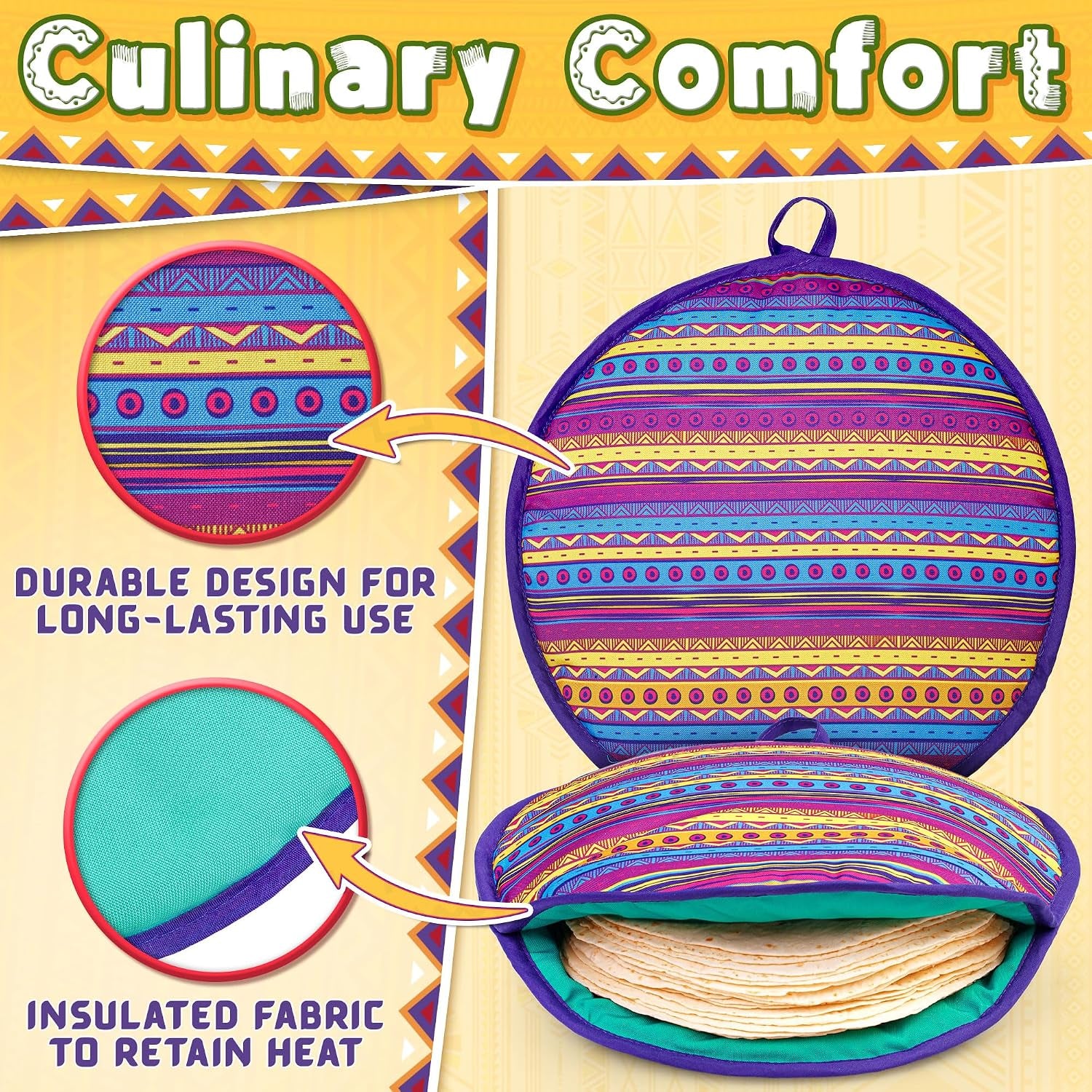 Tortilla Warmer Pouch (Multicolour, 12 Inch), Microwavable Fabric Tortilla Heater Pouch to Keep Tortillas Soft & Warm, Insulated Heat Keeper for Flour & Corn Shells, Ideal for Tacos & More by