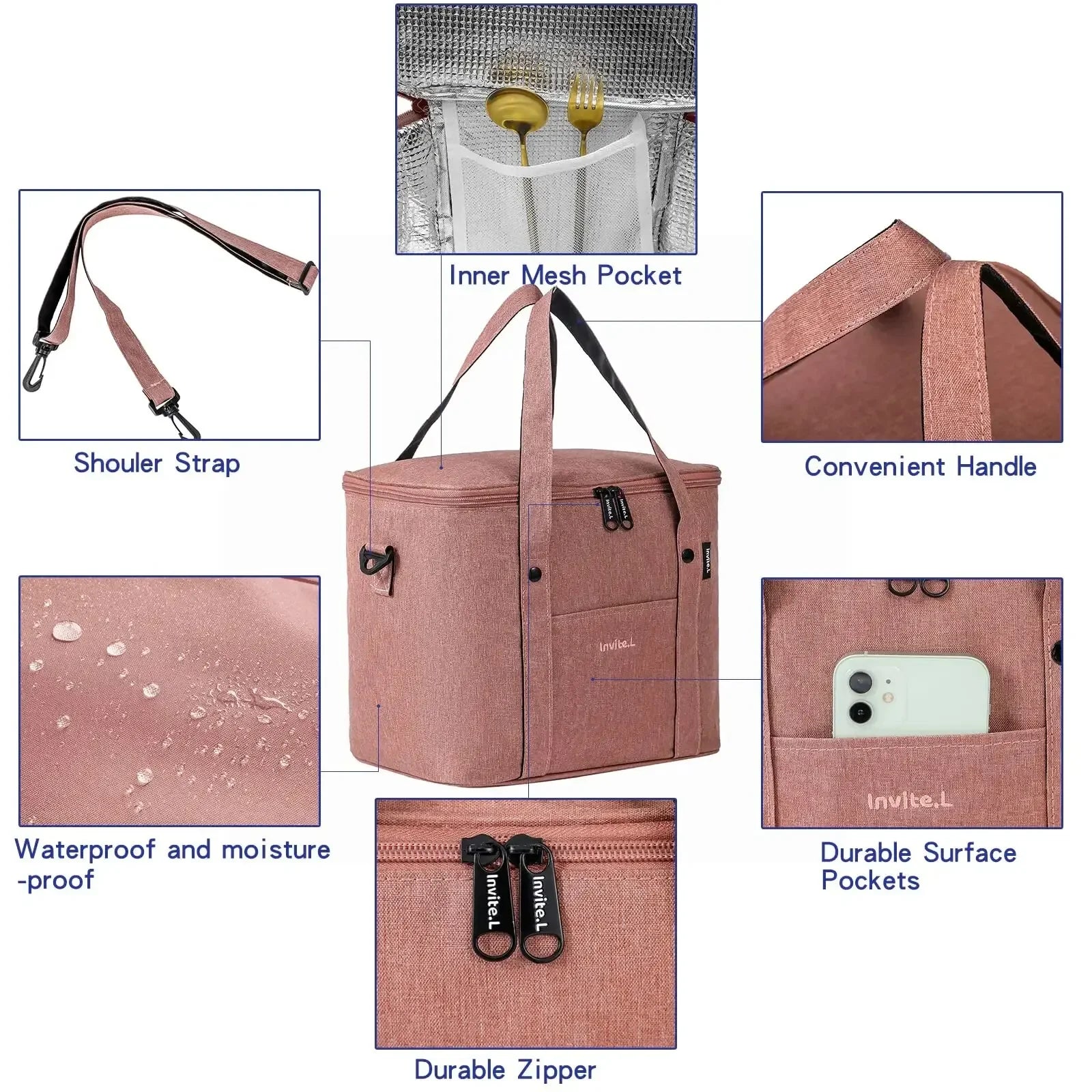 1Pc Insulated Lunch Bag for Men/Women, Reusable Large Lunch Cooler Box Tote Shoulder Strap for Work Office Picnic Beach Travel
