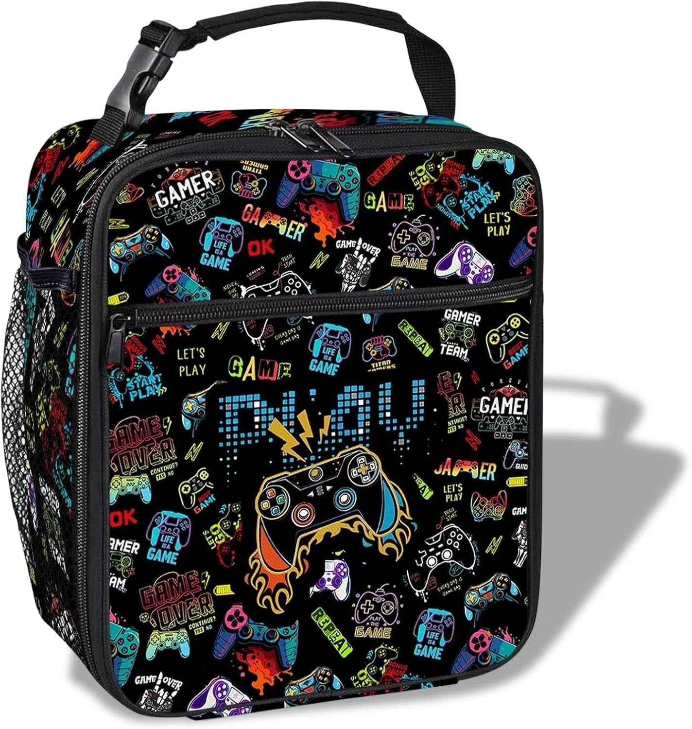 Game Boys Lunch Bag, Graffiti Style Kids Lunch Box, Reusable and Waterproof Lunchbox for Boys, Insulated Lunchbag with Mesh Bag for School, Travel, Picnic (B)