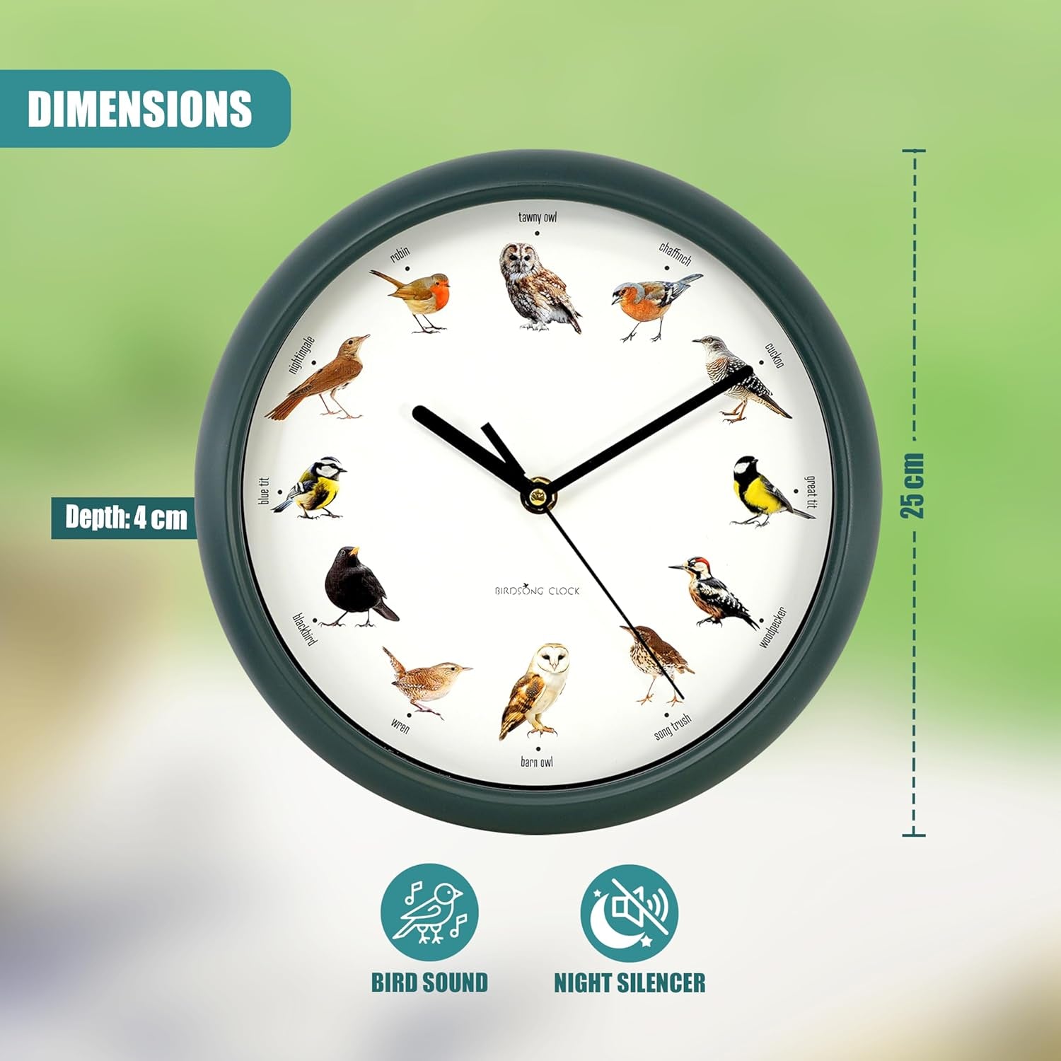 Singing Bird Wall Clock with Native Sounds – 12 Species Including Cuckoo, Robin & Owl – Green Nature-Inspired Design with Auto Night Silence – Educational Novelty for Home, Gift for Bird Lovers