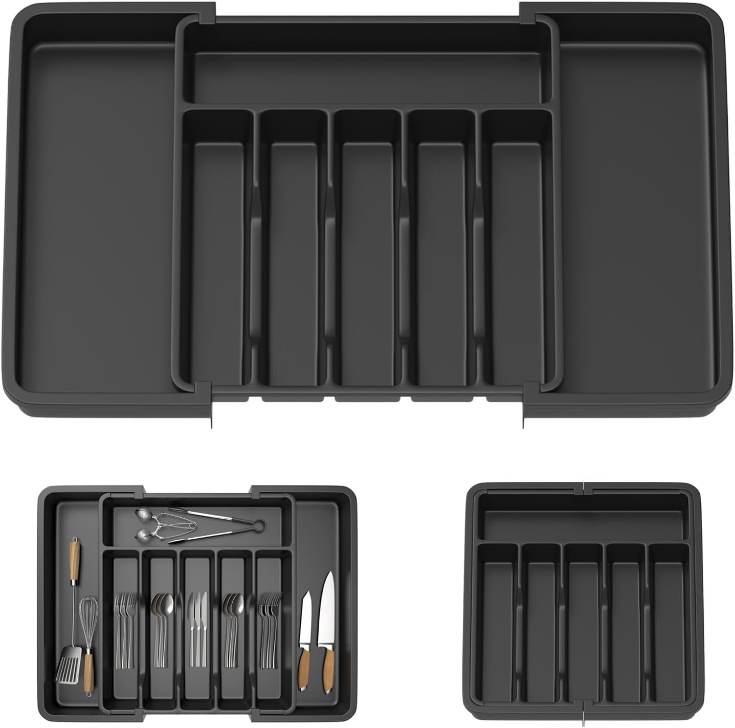 Cutlery Tray Bamboo Drawer Organiser Expandable from 32 X 43Cm to 52 X 43Cm, 5Cm Depth, Waterproof Utensil Holder 6 to 8 Separate Slots for Kitchen, Bedroom, Office