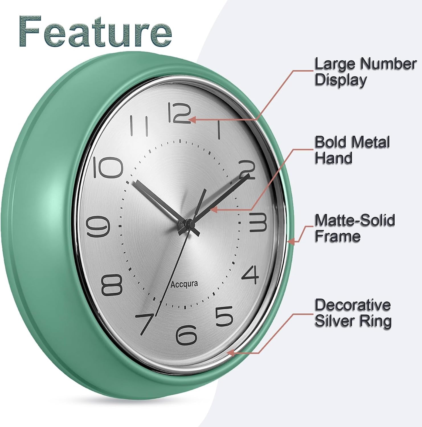 12 Inch Vintage Retro Wall Clock, Metal Dial Silent Non-Ticking Domed Glass Battery Operated, Design for Kitchen Living Room, Bedroom,Office (Sage Green)