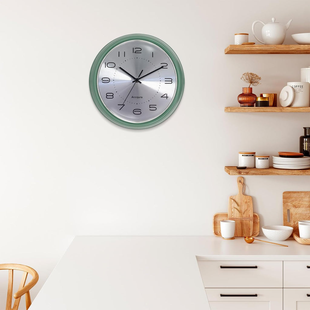 12 Inch Vintage Retro Wall Clock, Metal Dial Silent Non-Ticking Domed Glass Battery Operated, Design for Kitchen Living Room, Bedroom,Office (Sage Green)