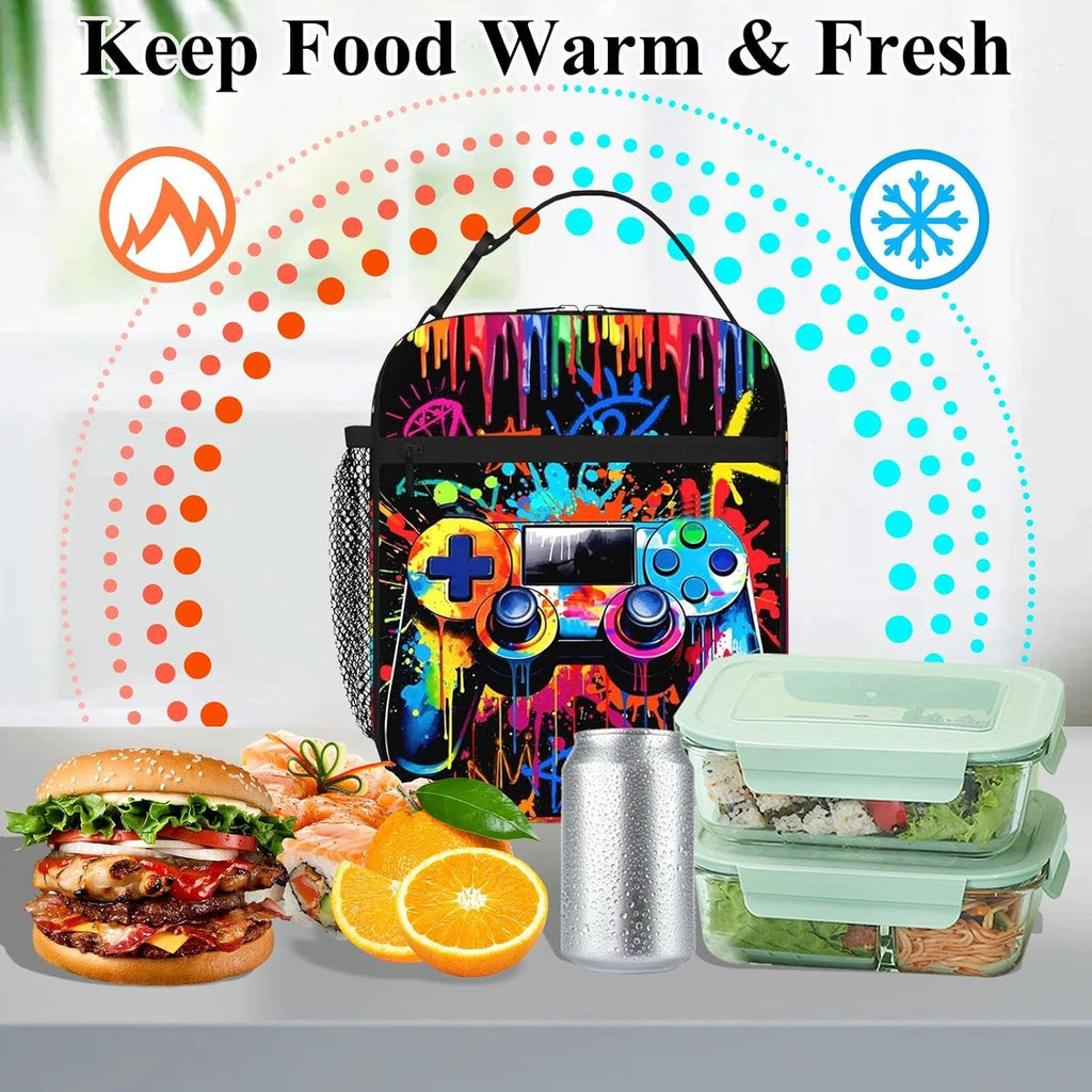 Game Boys Lunch Bag, Graffiti Style Kids Lunch Box, Reusable and Waterproof Lunchbox for Boys, Insulated Lunchbag with Mesh Bag for School, Travel, Picnic (B)