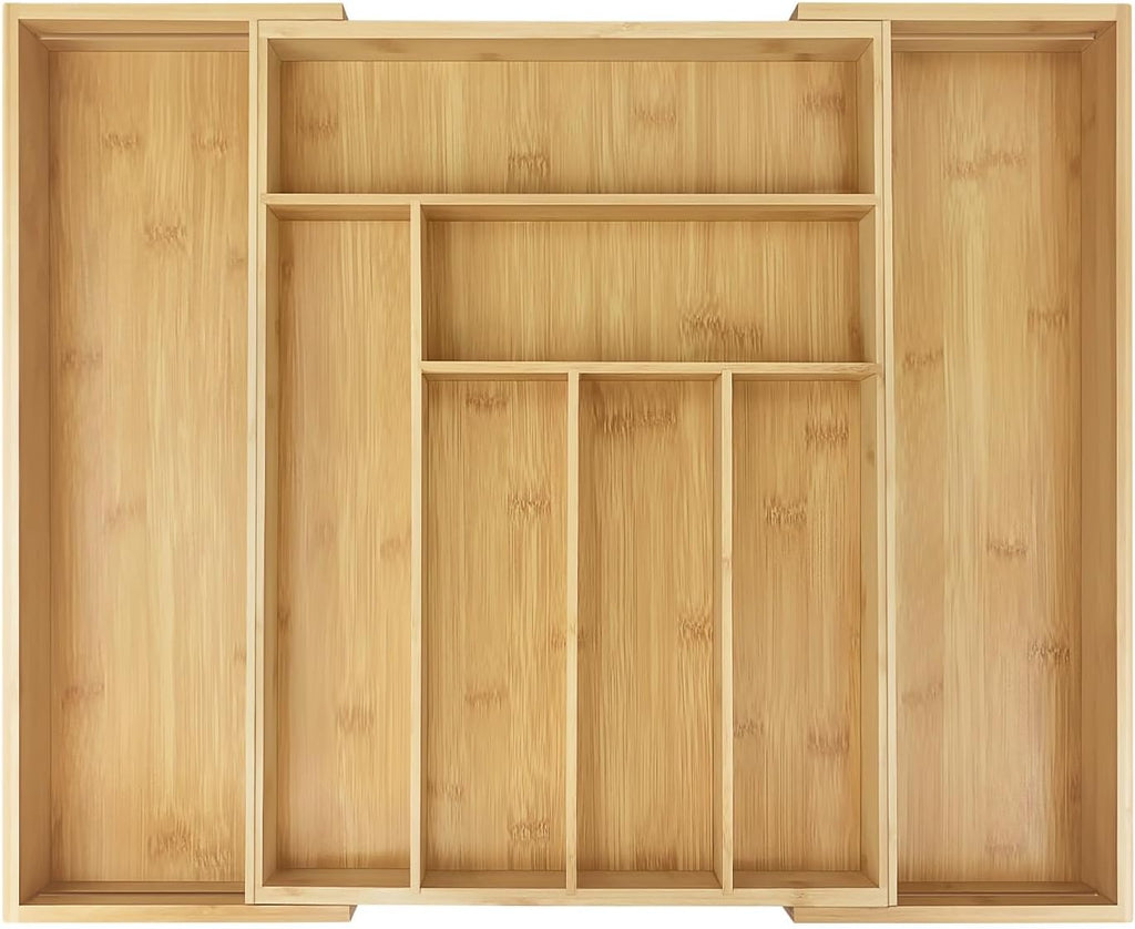 Cutlery Tray Bamboo Drawer Organiser Expandable from 32 X 43Cm to 52 X 43Cm, 5Cm Depth, Waterproof Utensil Holder 6 to 8 Separate Slots for Kitchen, Bedroom, Office