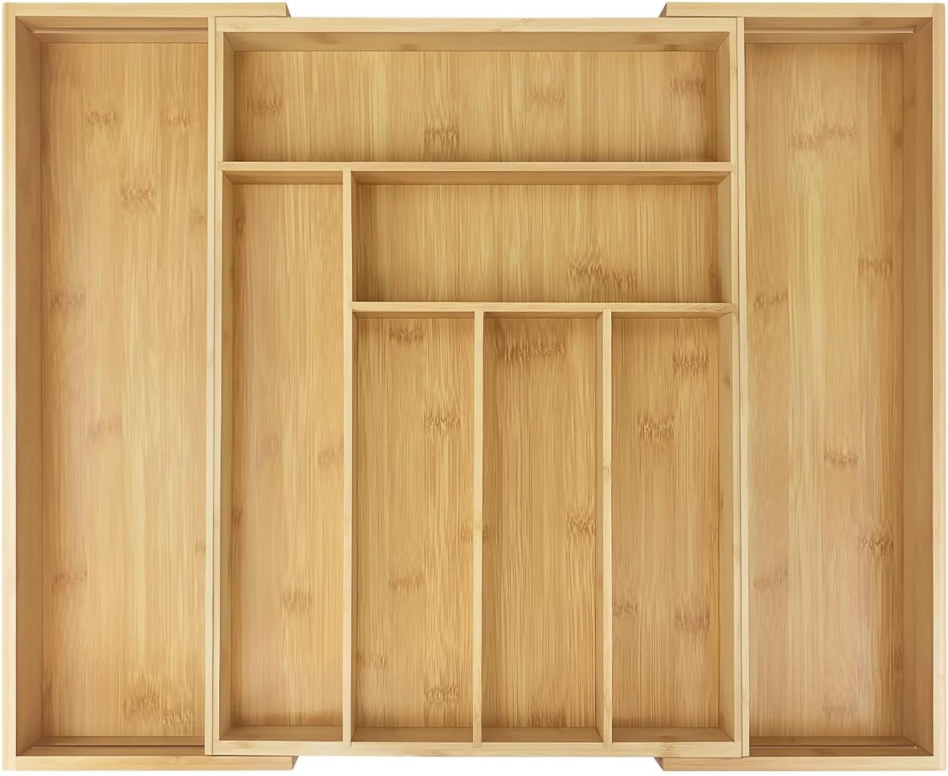 Cutlery Tray Bamboo Drawer Organiser Expandable from 32 X 43Cm to 52 X 43Cm, 5Cm Depth, Waterproof Utensil Holder 6 to 8 Separate Slots for Kitchen, Bedroom, Office