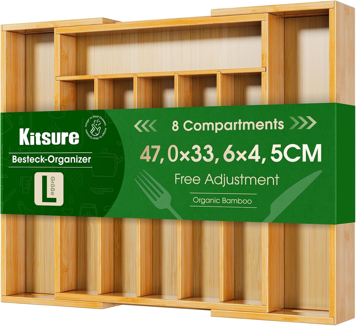 Silverware Organizer - Expandable Bamboo Kitchen Drawer Organizer, Adjustable Cutlery Tray for Kitchen Storage & Organisation, 33.6 X 4.5 X 29.0-47.0 Cm