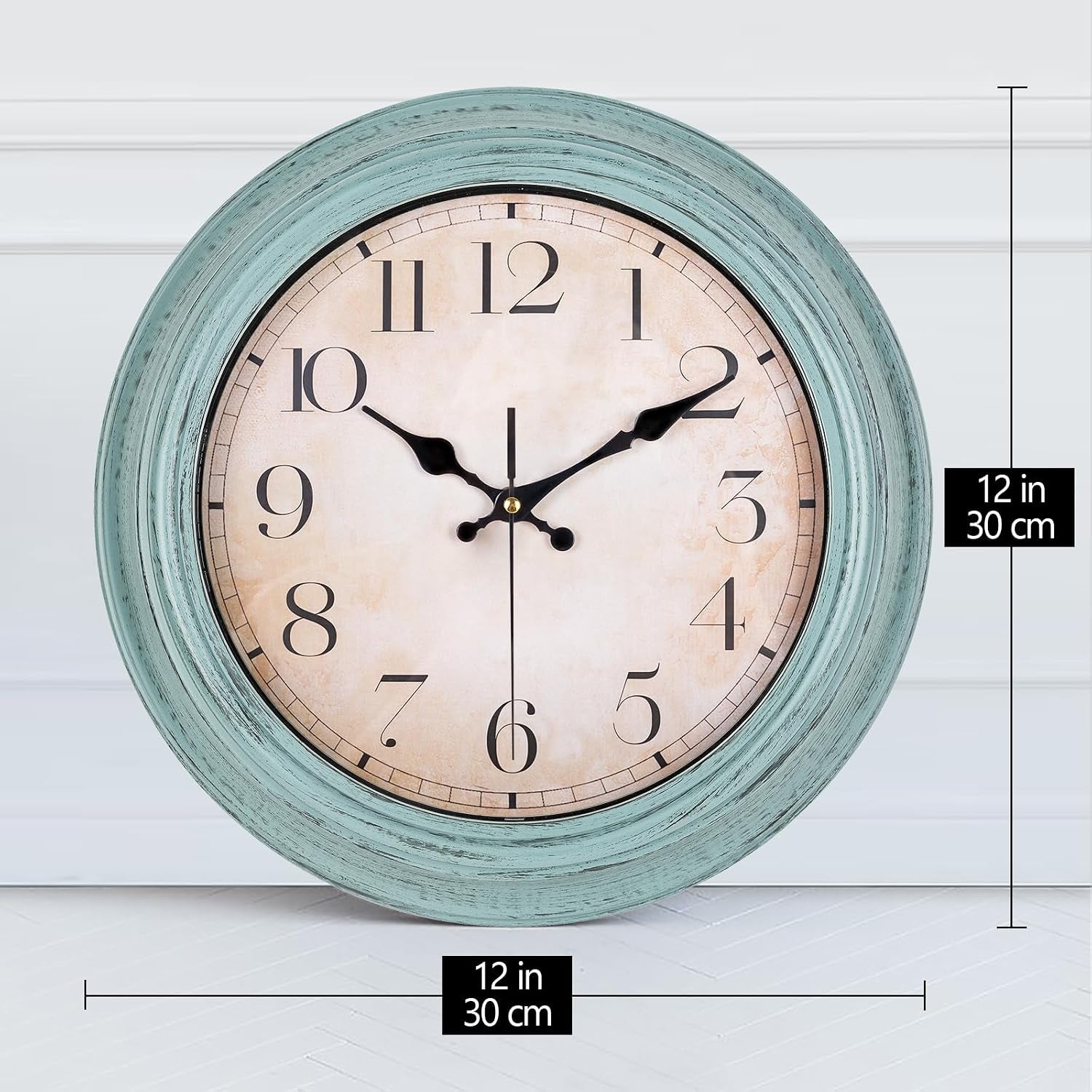 Wall Clock, 12 Inch Silent Wall Clocks Vintage Modern Decorative Clock with 3D Numerals, Battery Operated Hanging Wall Clock for Home Kitchen Cafe Hotel Office Decor, Turquoise