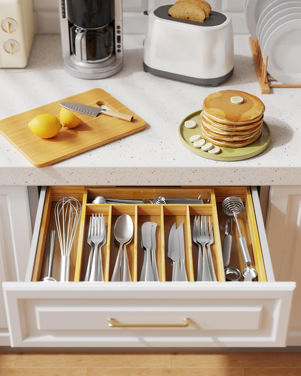 Silverware Organizer - Expandable Bamboo Kitchen Drawer Organizer, Adjustable Cutlery Tray for Kitchen Storage & Organisation, 33.6 X 4.5 X 29.0-47.0 Cm