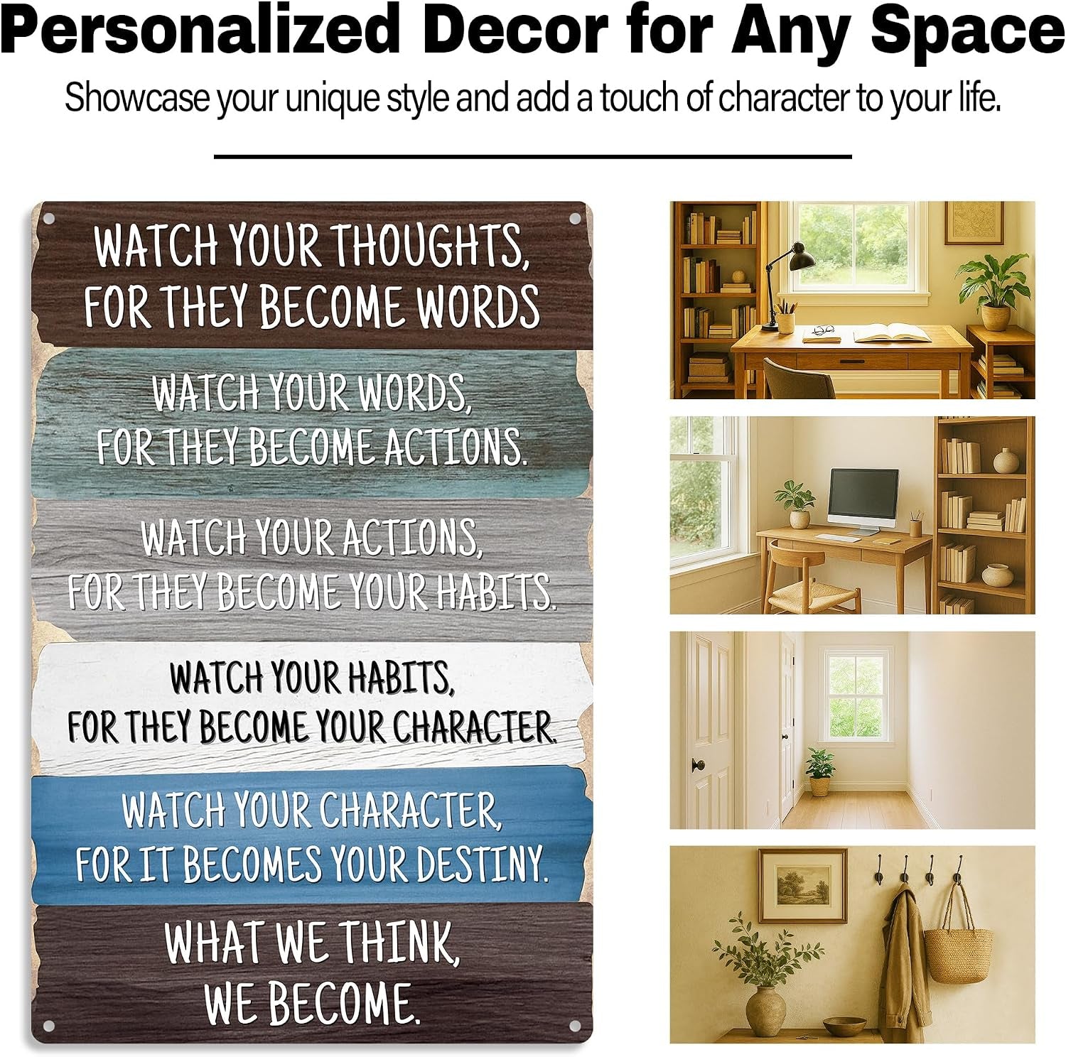 Watch Your Thoughts Metal Wall Sign 8×12 Inch – Inspirational Quote Rustic Wood Style Plaque – Positive Thinking Motivational Wall Art for Home or Office