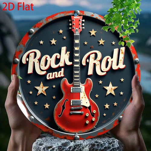 2D Flat - 1Pc Retro Rock 'N' Roll Aluminum Tin Sign Wall Art - 8X8 Inch Vintage round Metal Plaque with Red Electric Guitar & St