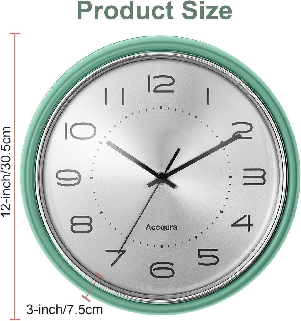 12 Inch Vintage Retro Wall Clock, Metal Dial Silent Non-Ticking Domed Glass Battery Operated, Design for Kitchen Living Room, Bedroom,Office (Sage Green)