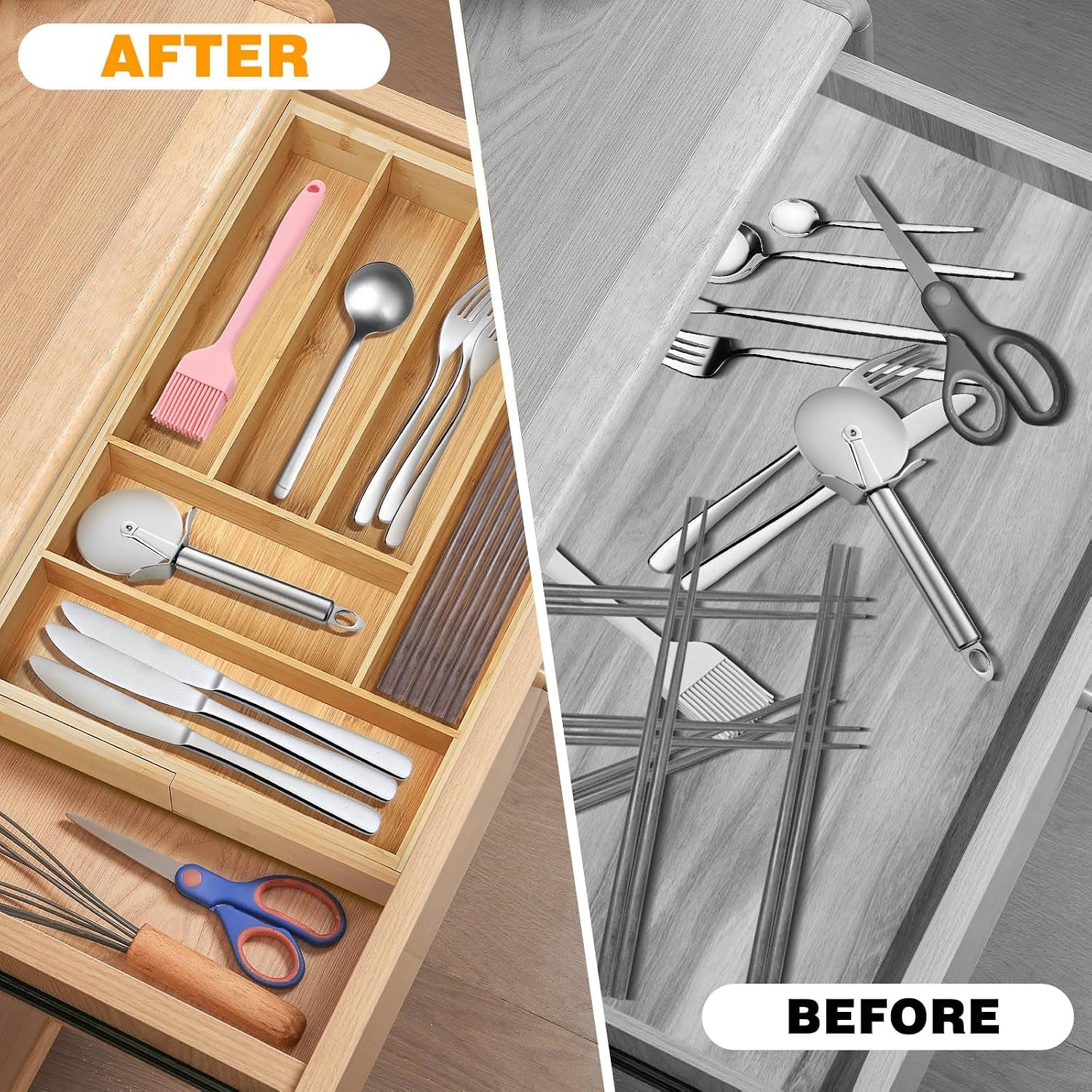 Cutlery Tray Bamboo Drawer Organiser Expandable from 32 X 43Cm to 52 X 43Cm, 5Cm Depth, Waterproof Utensil Holder 6 to 8 Separate Slots for Kitchen, Bedroom, Office