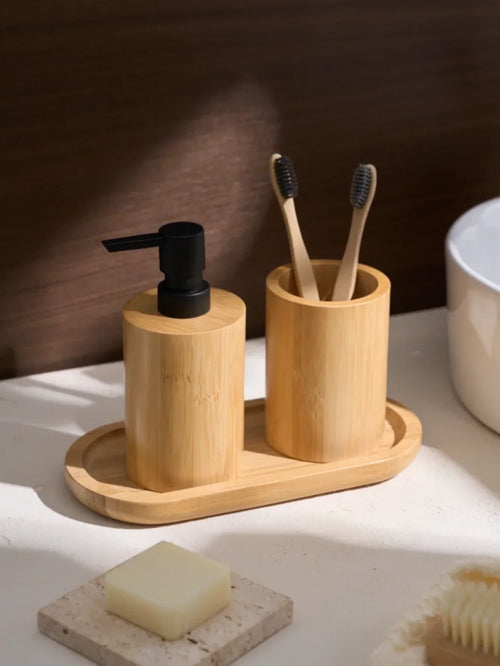 15Oz Bamboo Soap and Lotion Dispenser Bottle Bathroom Accessories Set, Bamboo Soap Dispenser Bottle Refillable Liquid Pump Bottl