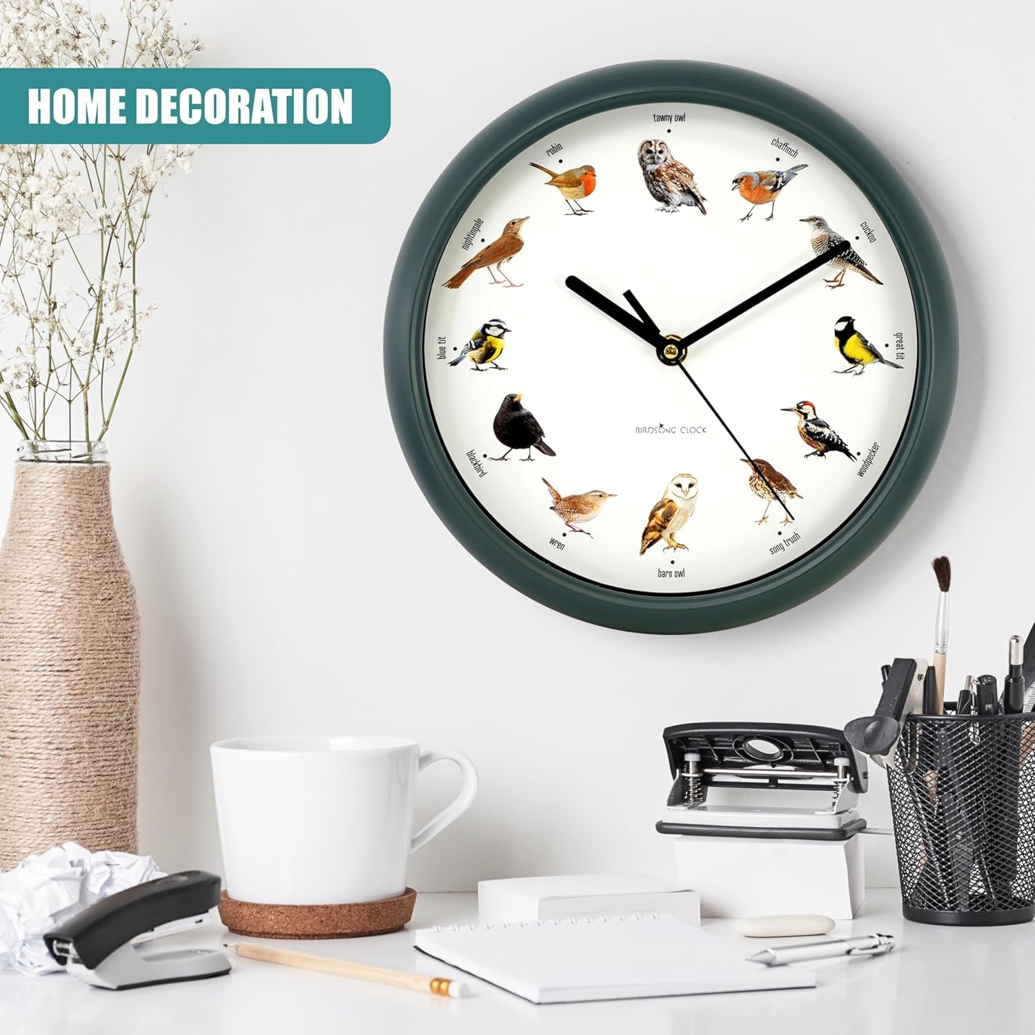 Singing Bird Wall Clock with Native Sounds – 12 Species Including Cuckoo, Robin & Owl – Green Nature-Inspired Design with Auto Night Silence – Educational Novelty for Home, Gift for Bird Lovers
