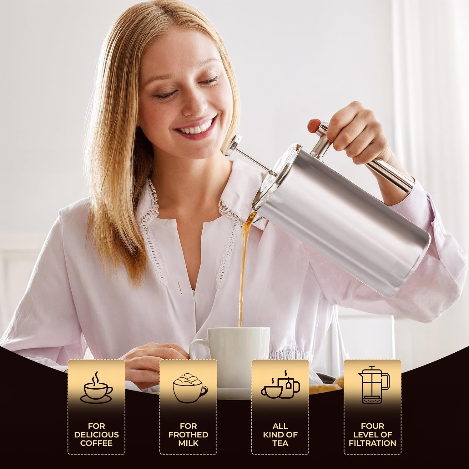 French Press Coffee Maker, 1 Litre (8 Cups) Double Wall Stainless Steel Cafetiere, Silver – Insulated Coffee Press (Pack of 1)