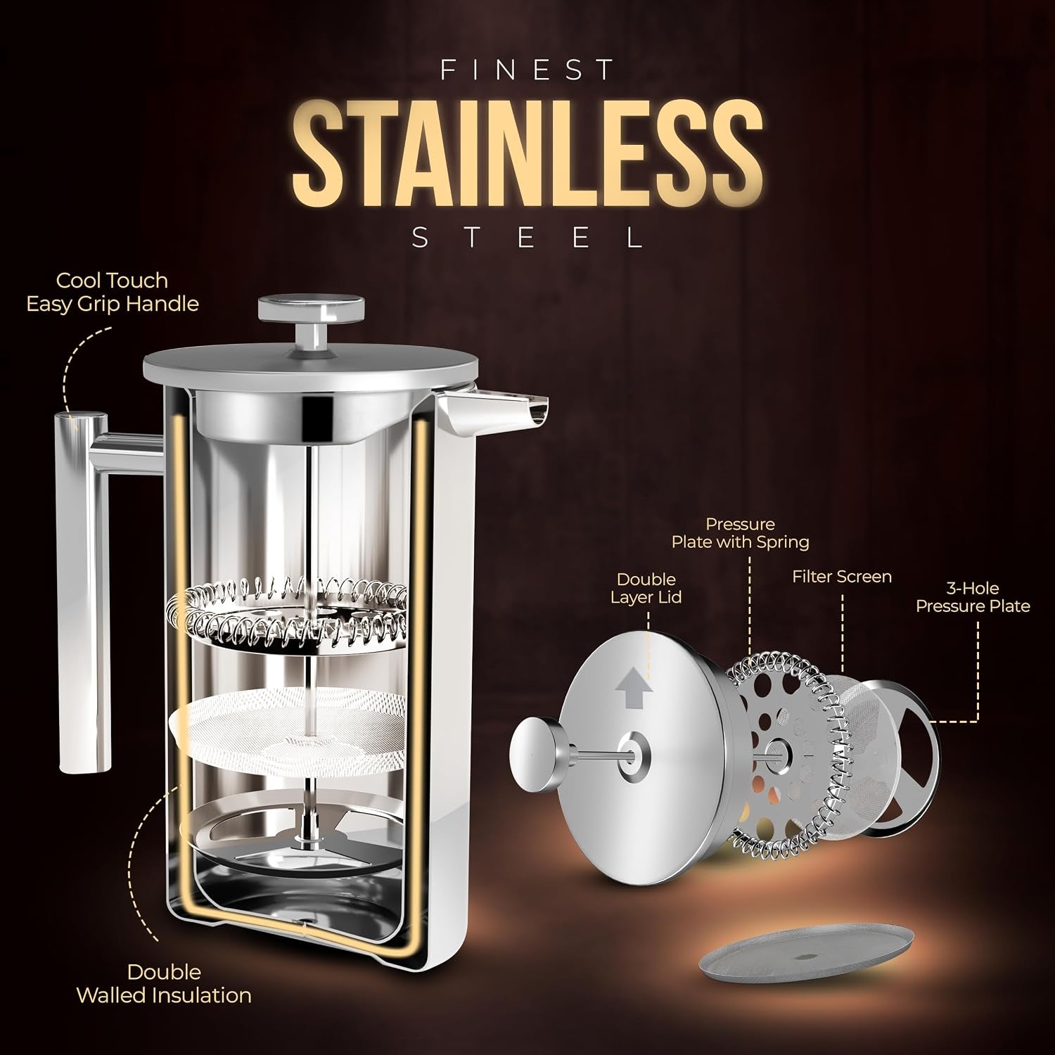 French Press Coffee Maker, 1 Litre (8 Cups) Double Wall Stainless Steel Cafetiere, Silver – Insulated Coffee Press (Pack of 1)