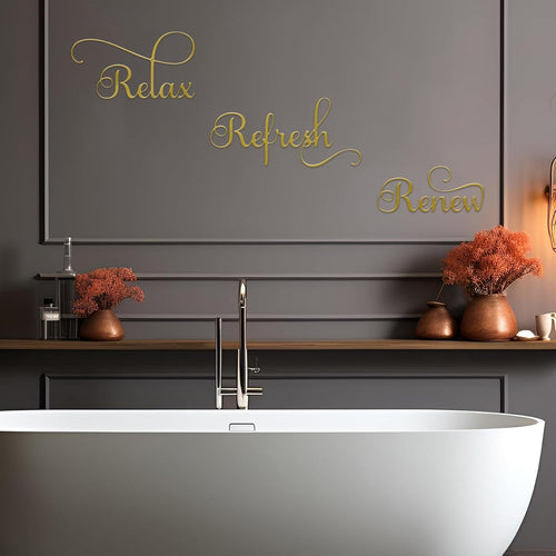 3 Pieces Letter Sign Black Metal Relax Refresh Renew Bathroom Wall Art Metal Black Farmhouse Wall Decorations for Home Living Room Any Room Bathroom Sign (Gold)