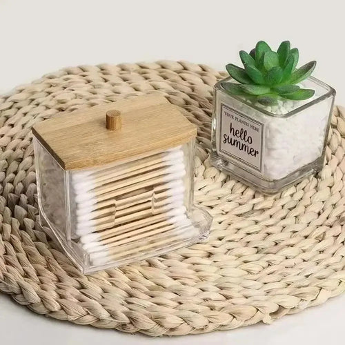 1Pcs Cotton Swab Holder, Cotton Swab Dispenser with Bamboo Lids,Bamboo Bathroom Storage Jars Storage Containers Clear Plastic